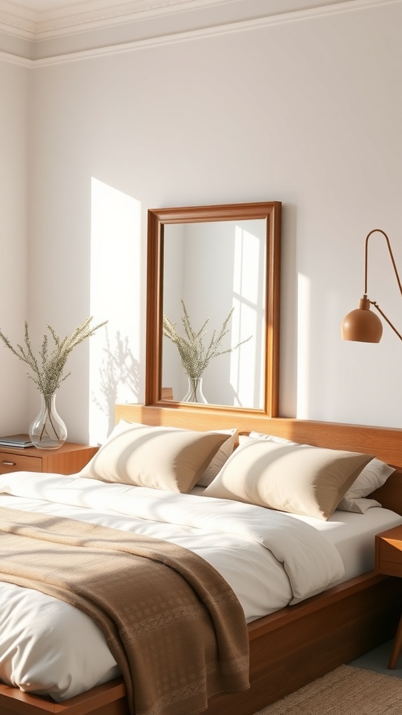 A cozy bedroom featuring a large mirror, wooden furniture, and soft bedding.