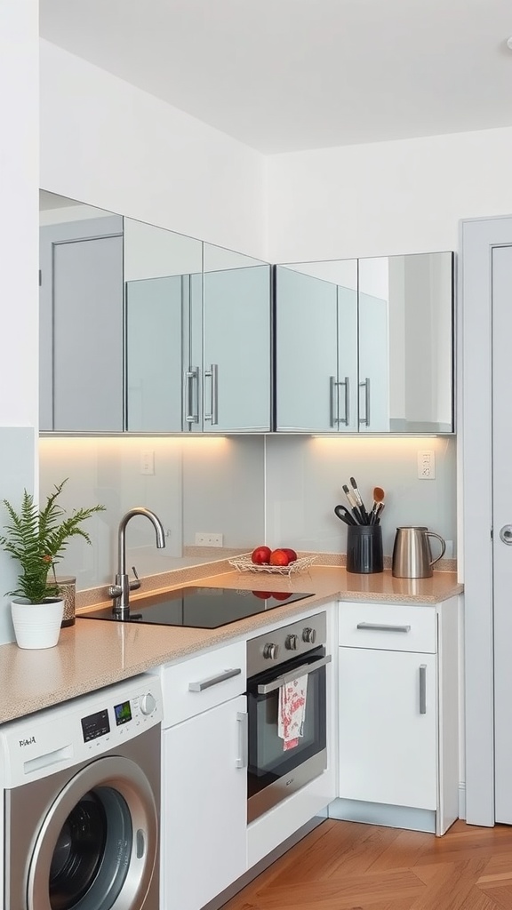 A bright apartment kitchen with mirrored cabinet doors, modern appliances, and a stylish countertop.