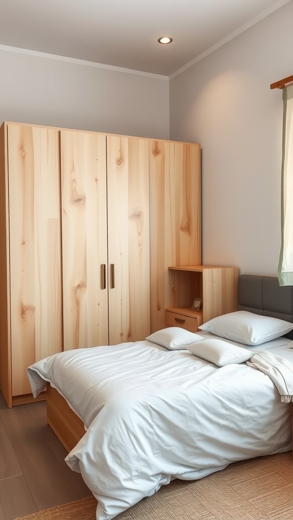 A small bedroom with a wooden wardrobe, bed, and nightstand showcasing a multi-functional layout.