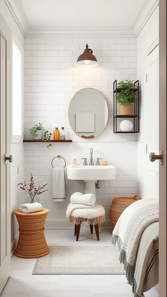 A modern small bathroom featuring a compact sink, shelves with plants, and woven storage baskets.