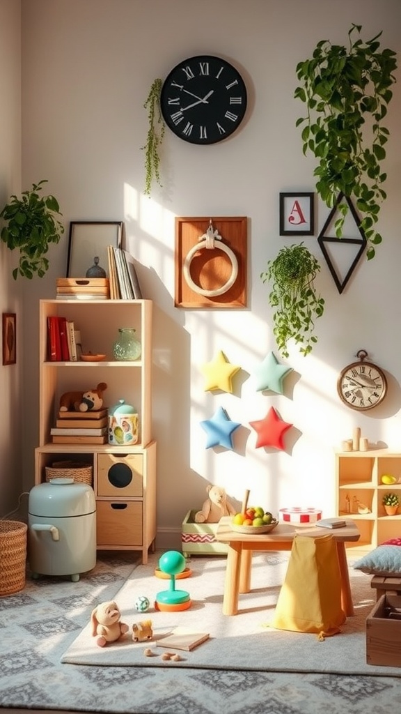 A cozy toddler bedroom filled with multi-functional toys, including a play table, colorful storage, and soft plush toys.