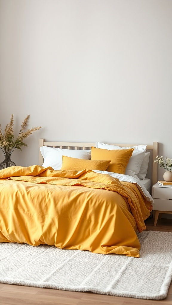 A cozy bedroom featuring mustard yellow bedding with white pillows and a soft area rug.