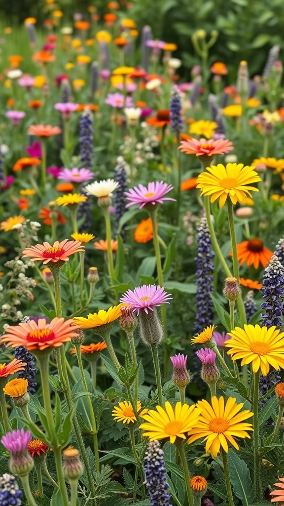 A vibrant garden filled with various native flowers in bright colors.