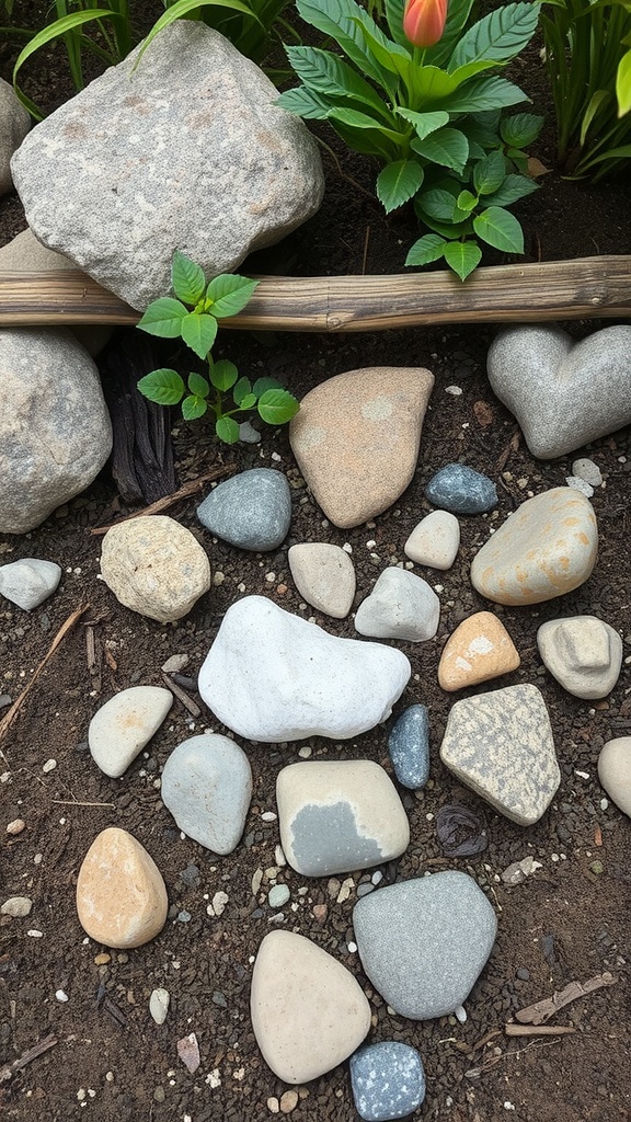 A variety of smooth stones and a few plants arranged in a small garden area.
