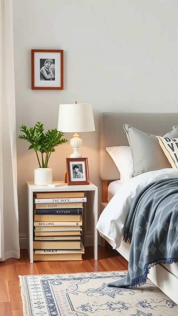 A creative nightstand made from stacked old books next to a bed.