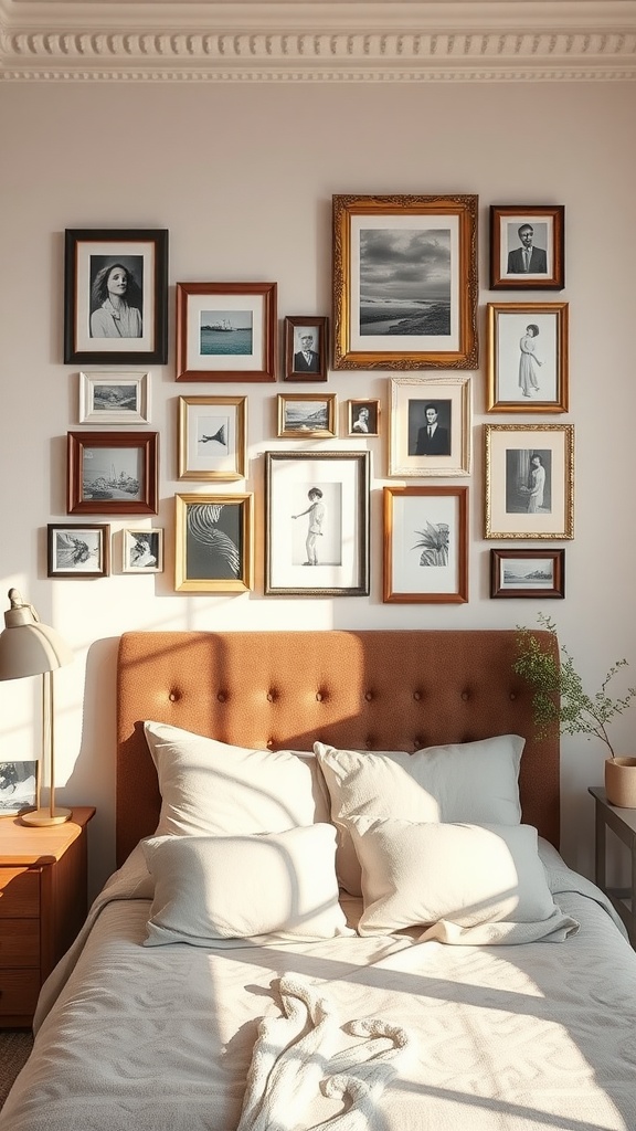 A cozy bedroom with a gallery wall of old frames displaying art and photos above a tufted bed.