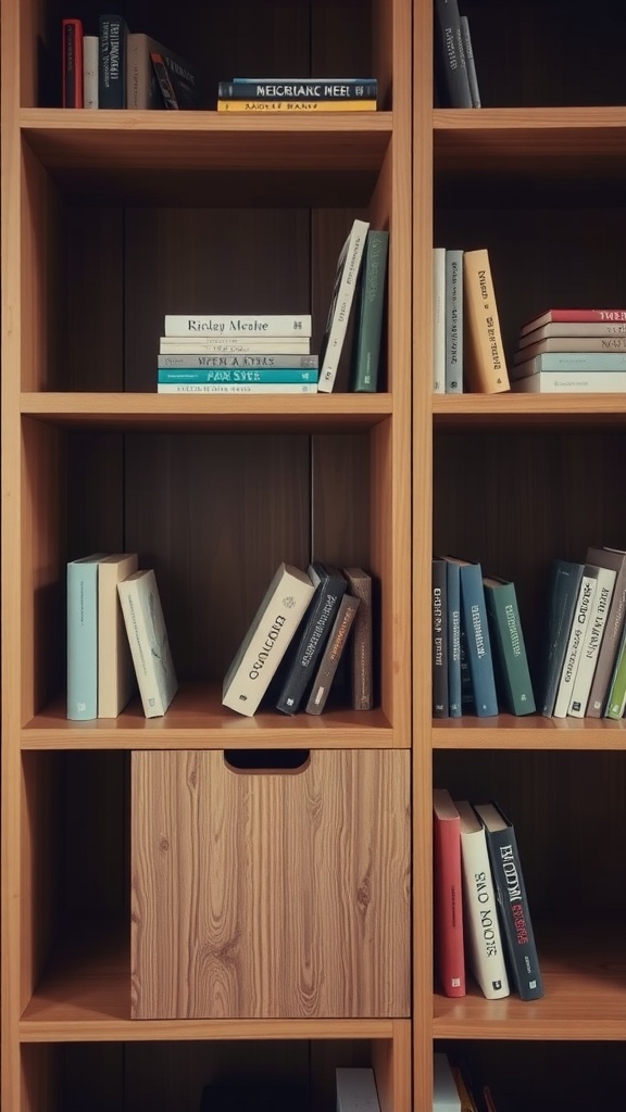 A bookshelf featuring a combination of open and closed storage, showcasing books and a wooden box.
