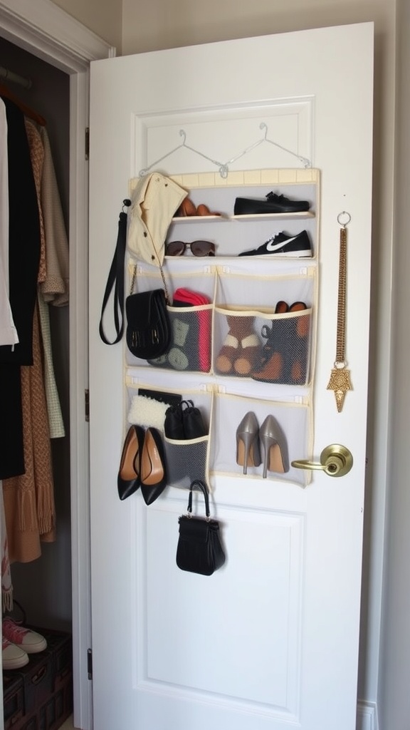 An over-the-door organizer displaying shoes, bags, and accessories on a closet door.