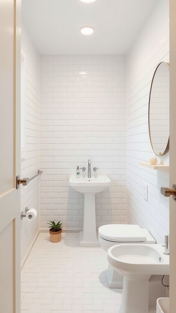 Small bathroom featuring white walls and flooring, with a sink and a round mirror.