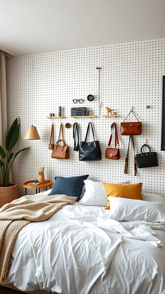 A cozy bedroom featuring a pegboard wall with bags and accessories hanging for storage, complemented by a neatly made bed.