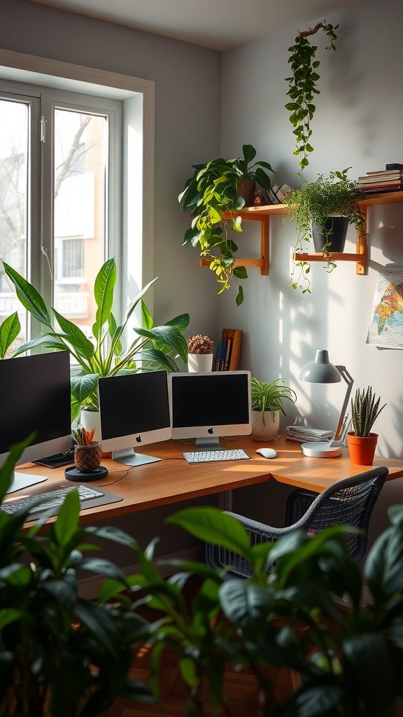 A cozy home office with two computer monitors surrounded by various houseplants, featuring natural light and a warm wooden desk.