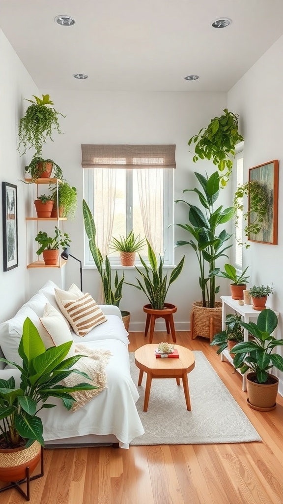 A cozy living room filled with various plants, featuring a white sofa, wooden coffee table, and natural light from a window.