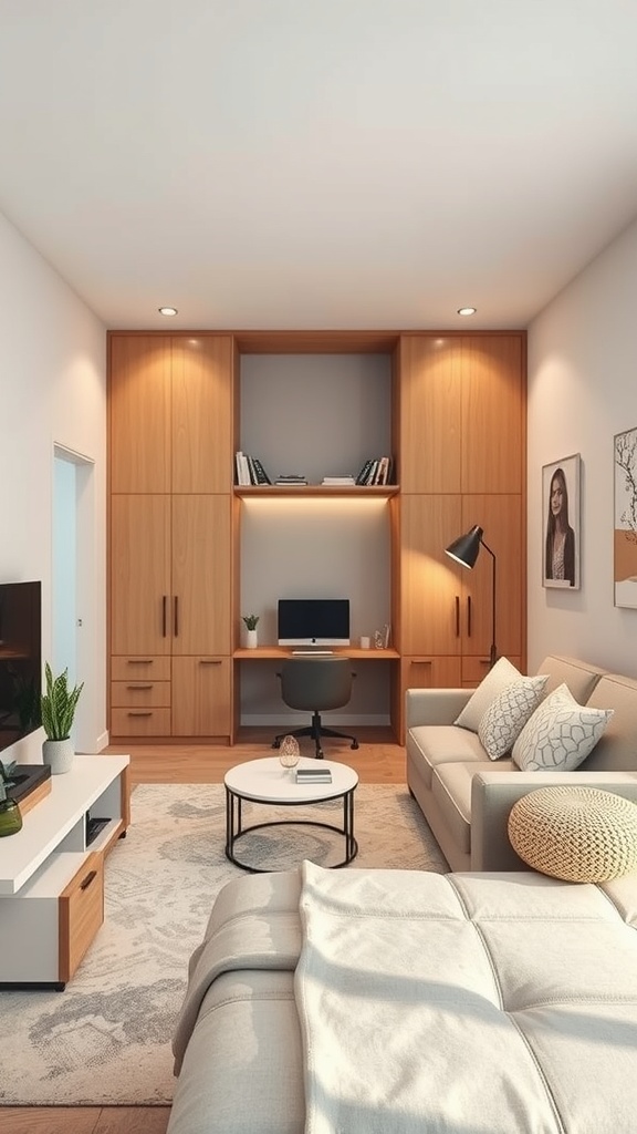 A cozy small home office setup with a wooden shelving unit, desk, and comfortable seating.