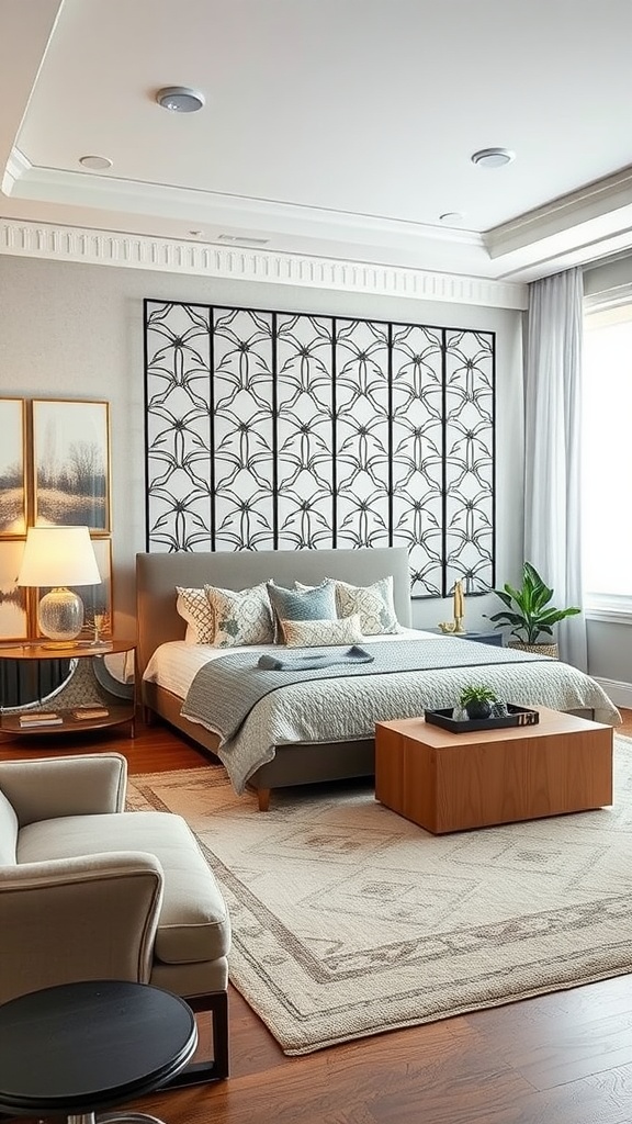 A cozy bedroom with a stylish room divider, showcasing a modern design.