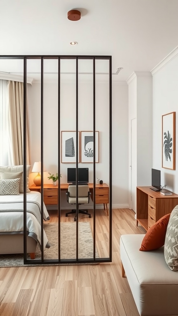 A stylish room divider separates a bedroom from a home office area, enhancing privacy and focus.