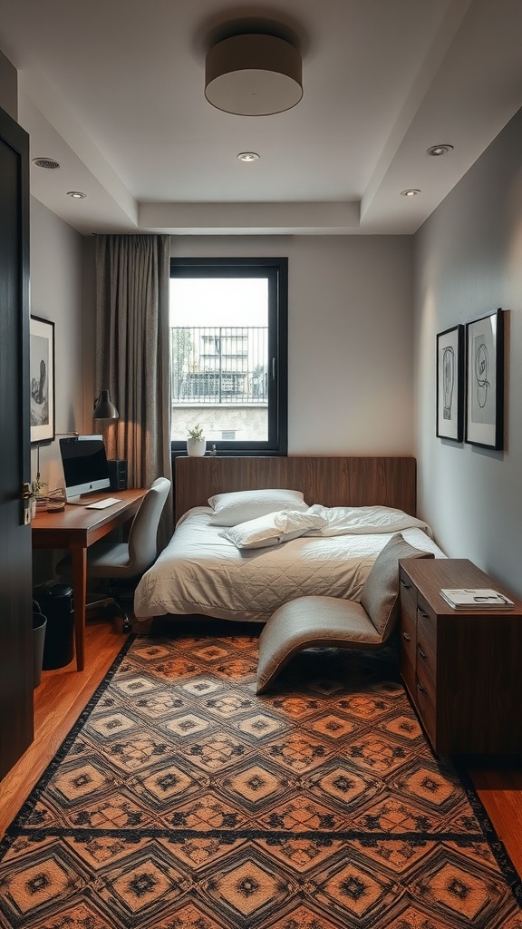 A cozy box room bedroom featuring a bed, desk, and a patterned rug that defines the sleeping area.