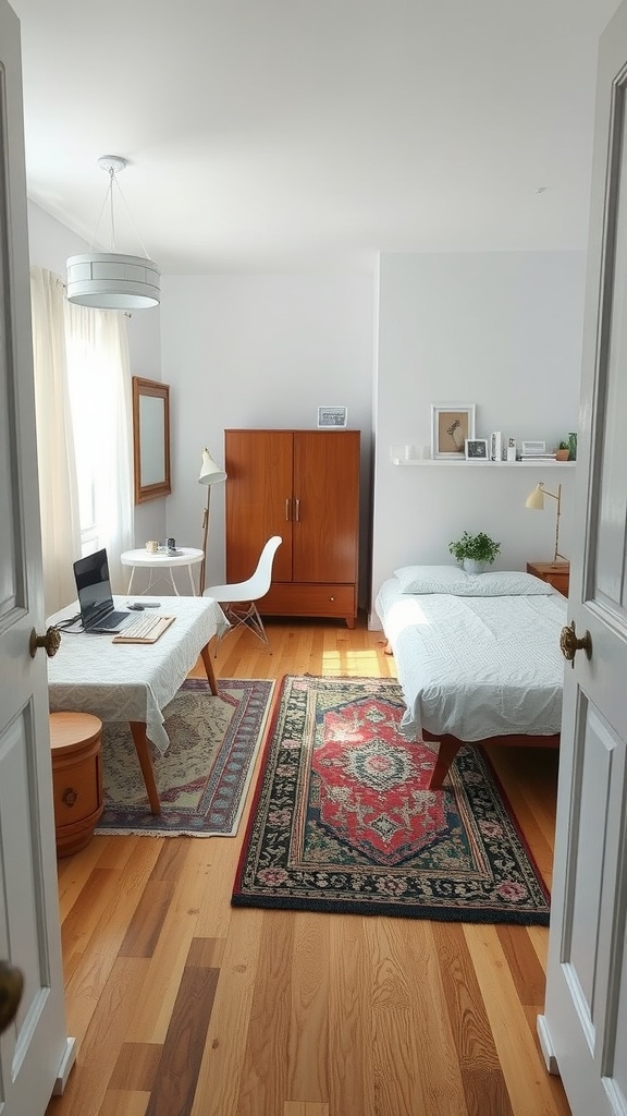A narrow bedroom featuring two rugs defining different areas: a sleeping area with a bed and a workspace with a desk.
