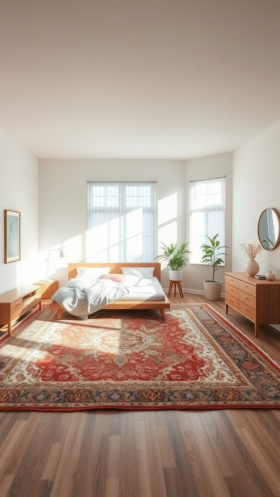 A well-decorated L-shaped bedroom featuring a large decorative rug under the bed, wooden furniture, and plants