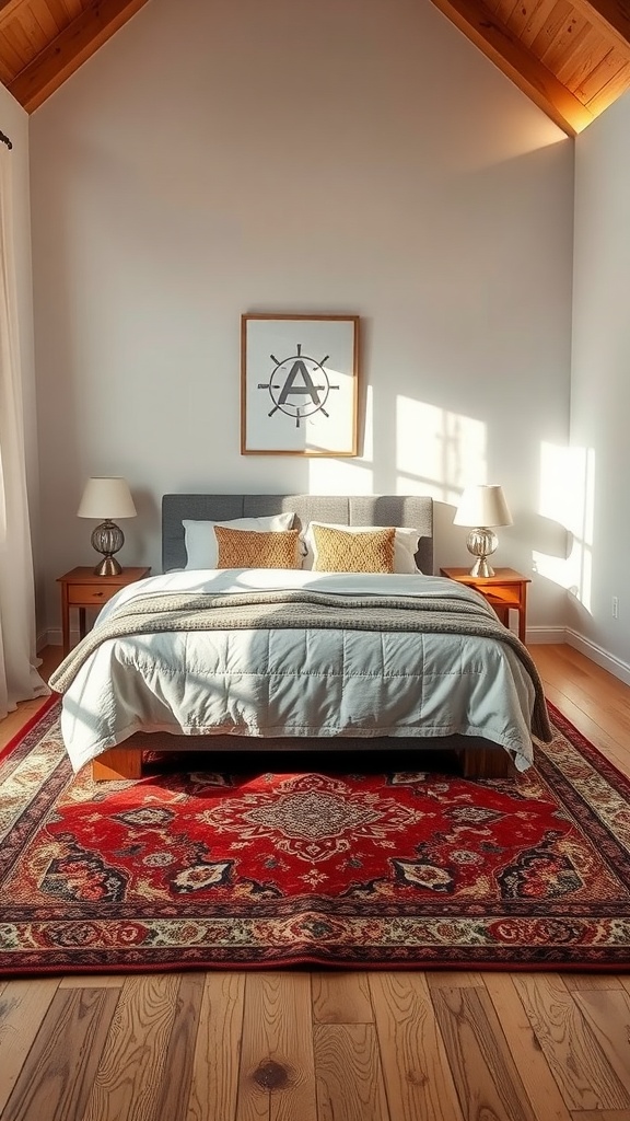 A small bedroom featuring a king bed on a red patterned rug, complemented by warm lighting and wooden accents.