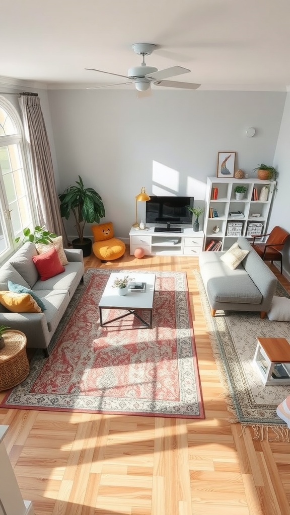 A bright living room featuring two rugs, a gray sofa, and natural light from a window.