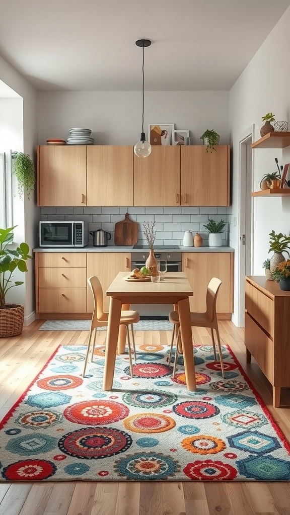 A colorful rug with circular patterns under a dining table in a modern kitchen.