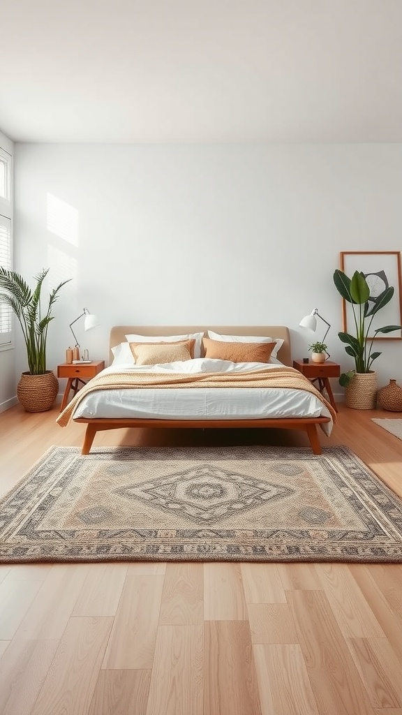 A clean and stylish bedroom featuring a decorative rug under the bed, plants, and bedside lamps.