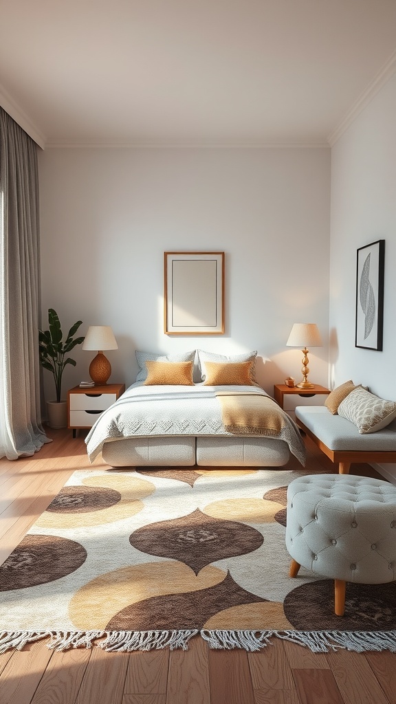 A cozy small bedroom featuring a patterned rug under the bed, creating a warm and inviting atmosphere.