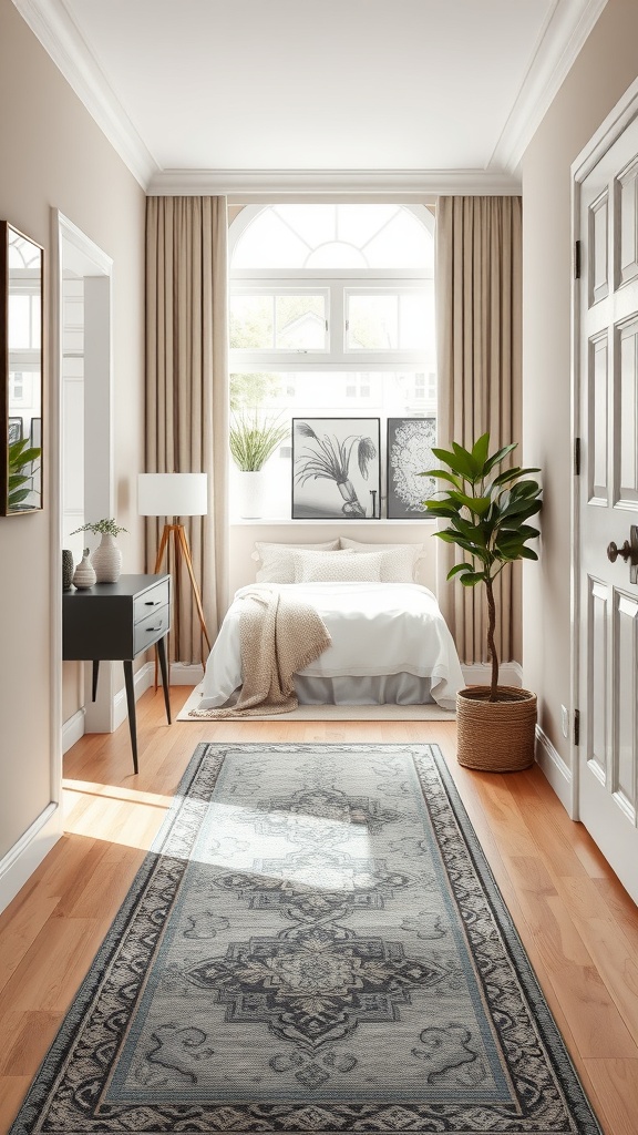 A narrow entryway with a patterned rug, a small table, and a plant, creating a welcoming atmosphere.