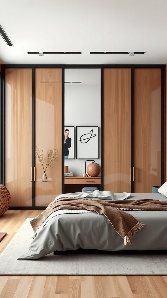 A modern bedroom with sliding closet doors made of wood and glass, featuring a neatly made bed and stylish decor.
