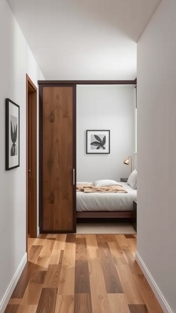 A long narrow bedroom showcasing a sliding door with wood tones, leading to the bed area.