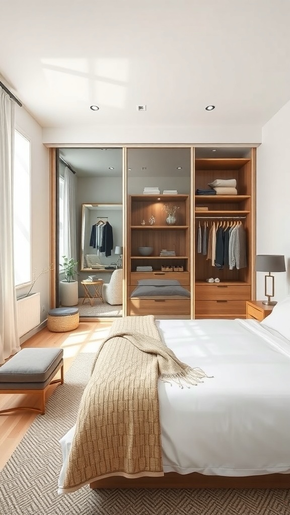 A stylish walk-in wardrobe with sliding mirrored doors and wooden shelving, showcasing organized clothes and accessories.