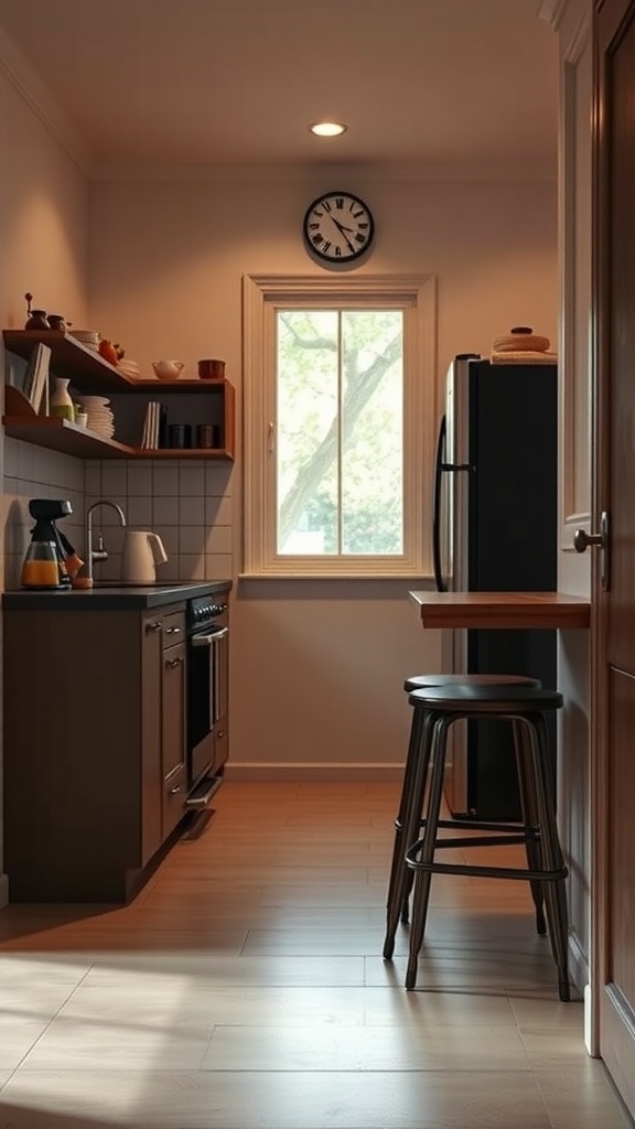 A small kitchen with dark cabinets, shelves above the counter, a window, and a bar stool.
