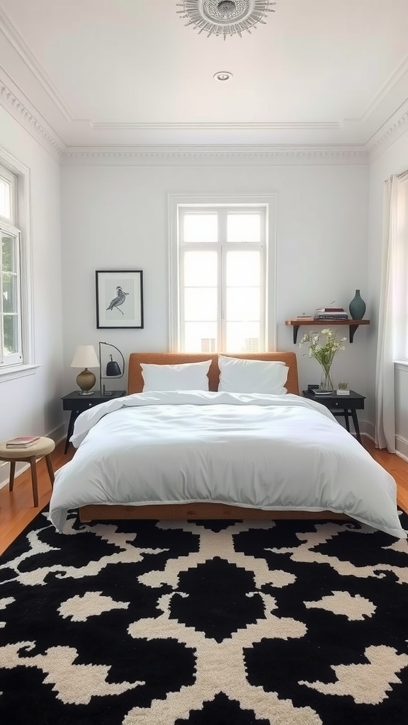 A Scandinavian style bedroom featuring a large patterned rug under a bed.
