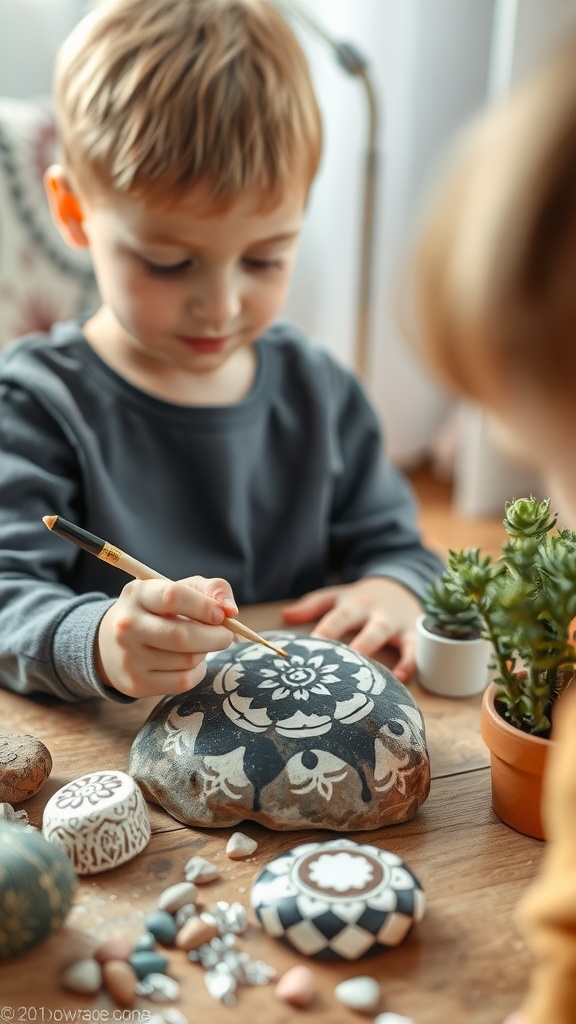A child painting a rock with a stencil, surrounded by colorful stones and a small plant.