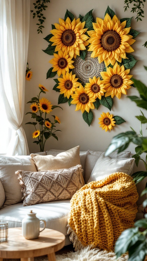 Cozy living room featuring crochet sunflowers on the wall with a yellow blanket and pillows.