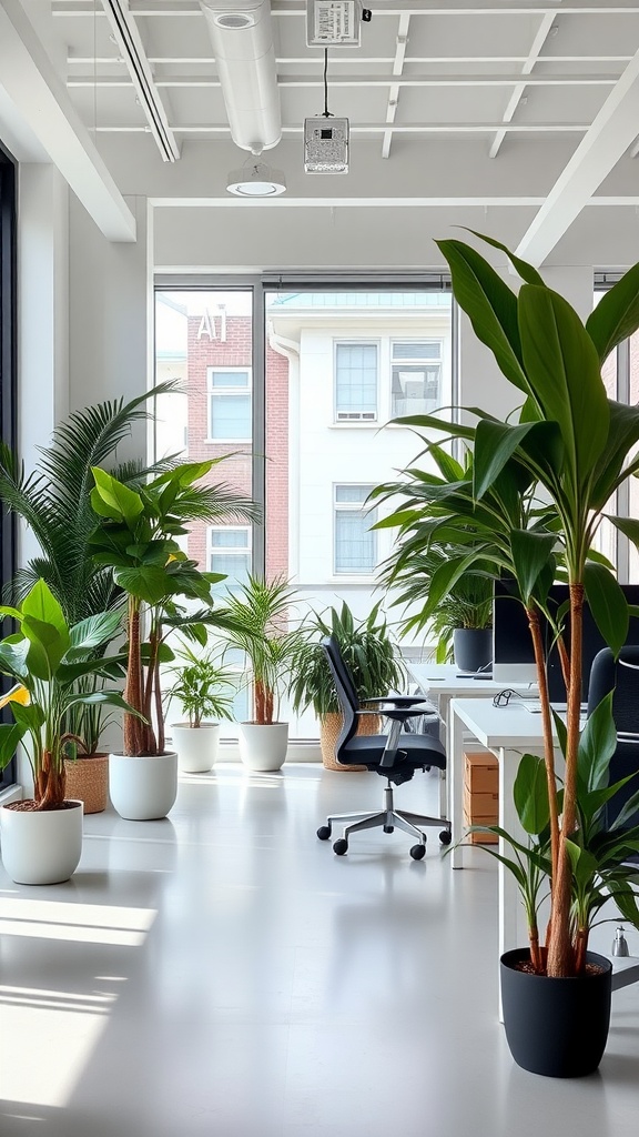 A bright office space featuring tall house plants in decorative pots, with a desk and chair visible.