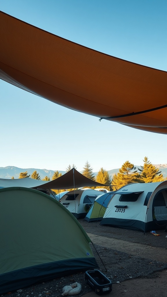 A campsite with tents and overhead tarps providing shade and protection