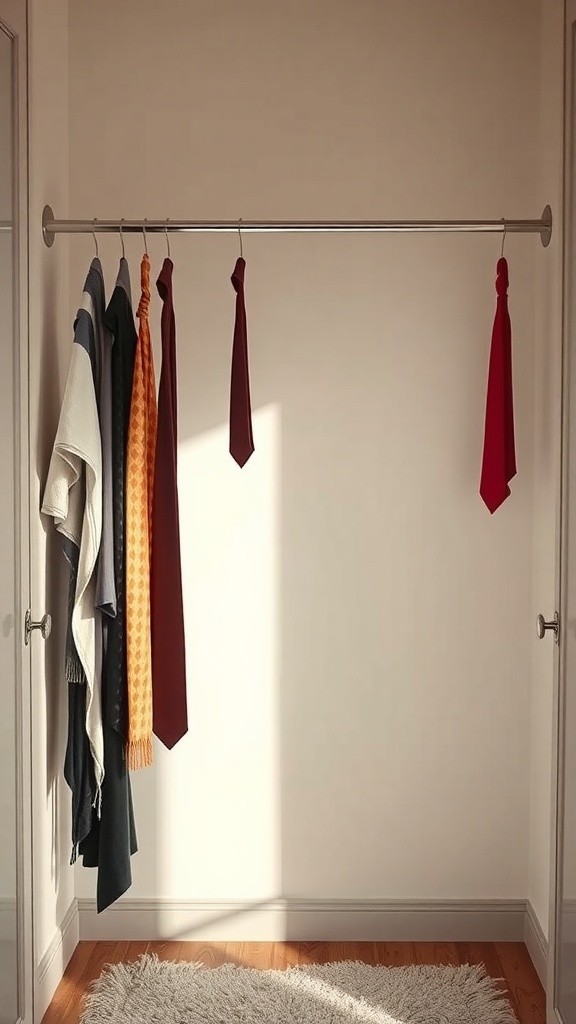A tension rod displaying neatly hung scarves and ties in a cozy bedroom setting.