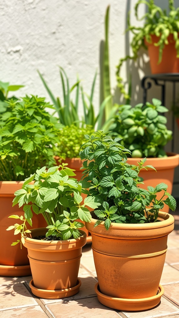A variety of herbs planted in terracotta pots, showcasing their green foliage.