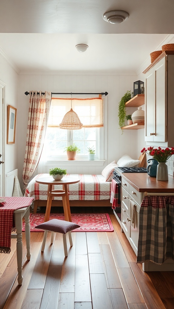 A cozy tiny farmhouse kitchen with warm textiles, including patterned curtains, a tablecloth, and cushions, creating a welcoming atmosphere.