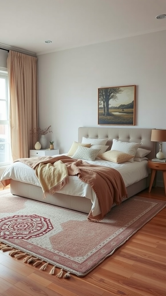 Cozy bedroom with soft textiles, including a throw blanket, decorative pillows, and a patterned area rug, creating a warm and inviting atmosphere.