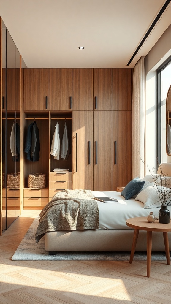 A stylish walk-in wardrobe with wooden cabinets, woven baskets, and a cozy bed.