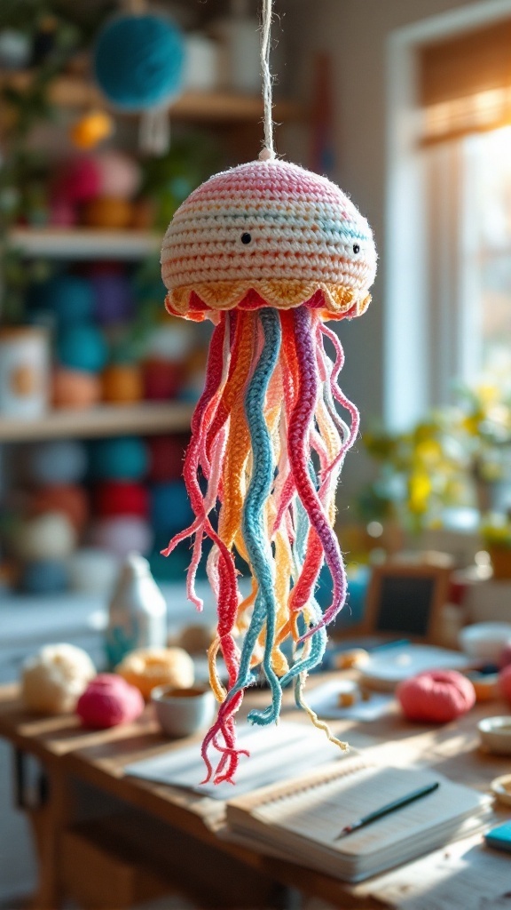Crochet jellyfish hanging with colorful tentacles in a cozy room