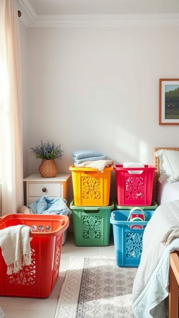 Colorful plastic storage totes stacked in a bedroom, with a cozy bed and soft blankets visible.