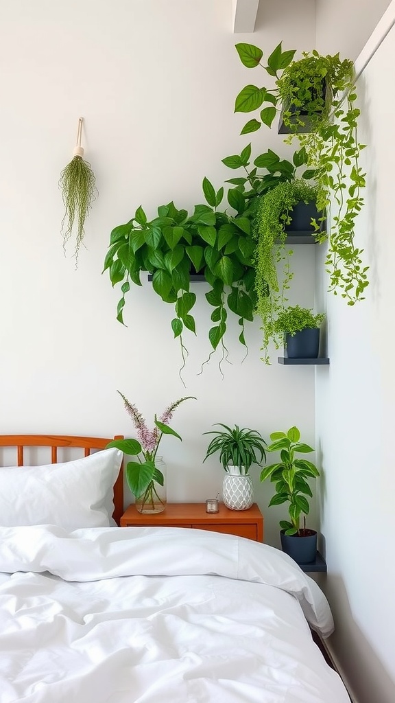 A narrow bedroom featuring a vertical garden with various plants on shelves and a bedside table.