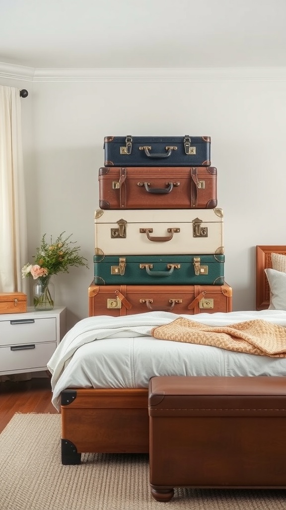 A stack of vintage suitcases in a bedroom, providing creative storage.