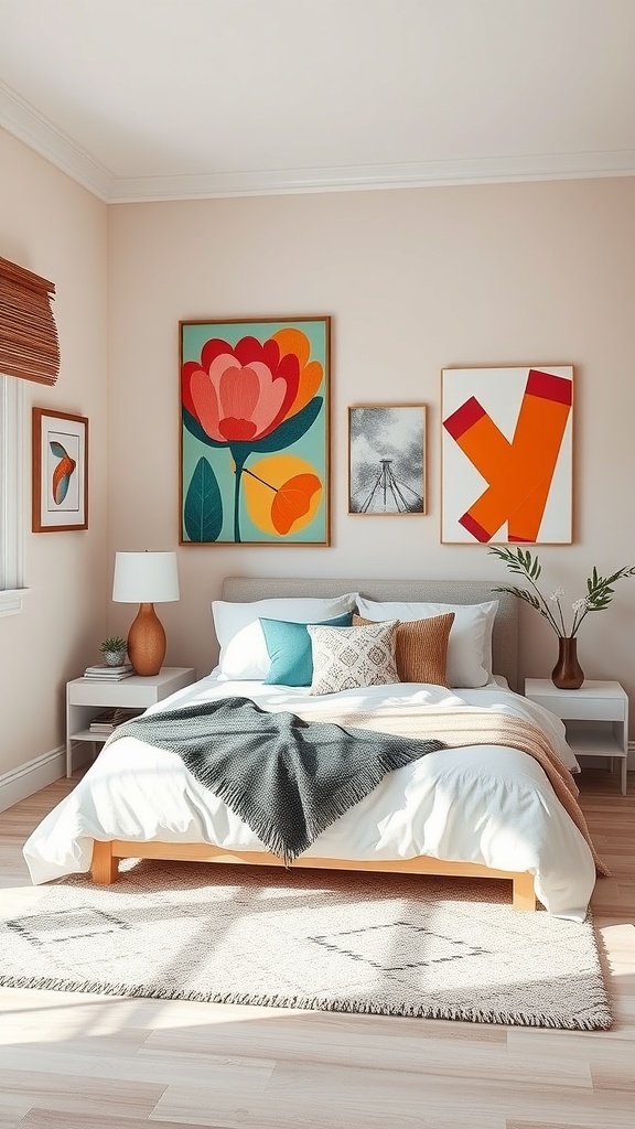 A small square bedroom featuring colorful wall art, a cozy bed with decorative pillows, and a warm atmosphere.