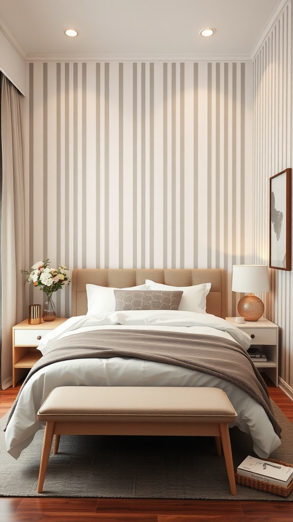 A cozy bedroom with vertical striped walls, a bed with soft linens, and warm lighting.