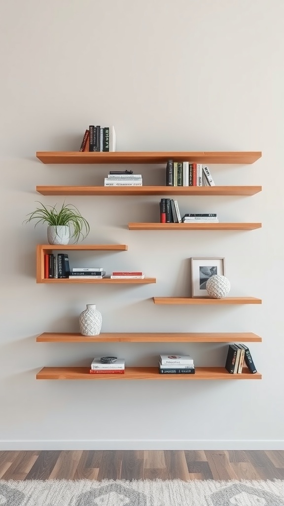 Floating shelves with books, plants, and decorative items on a wall.