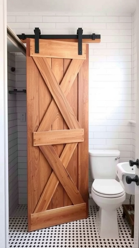 A wooden barn door sliding open to reveal a small bathroom with a toilet and sink, set against white tiled walls.